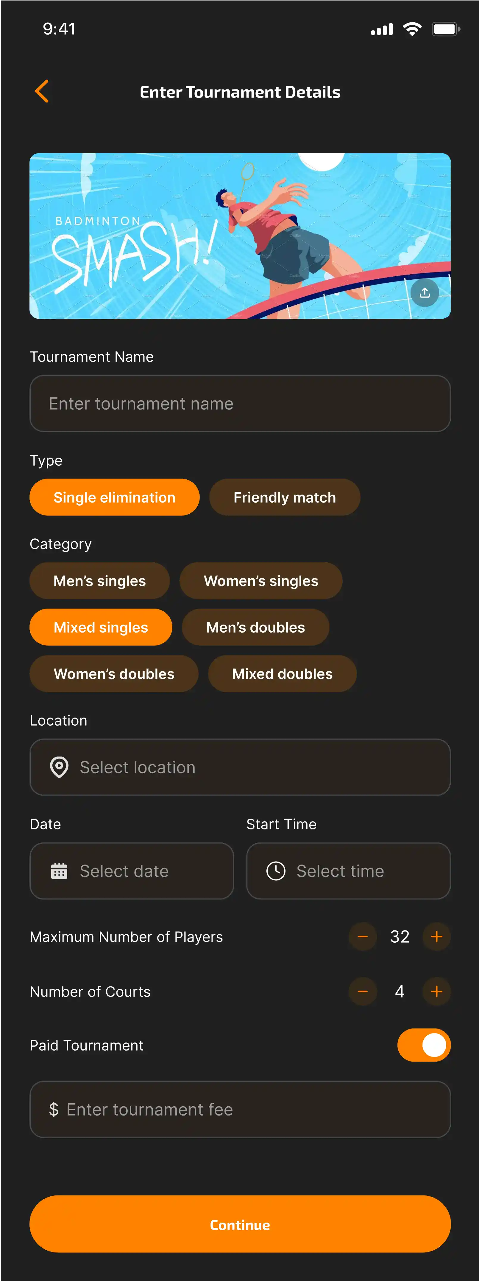 Creating Tournament - Enter Details screen